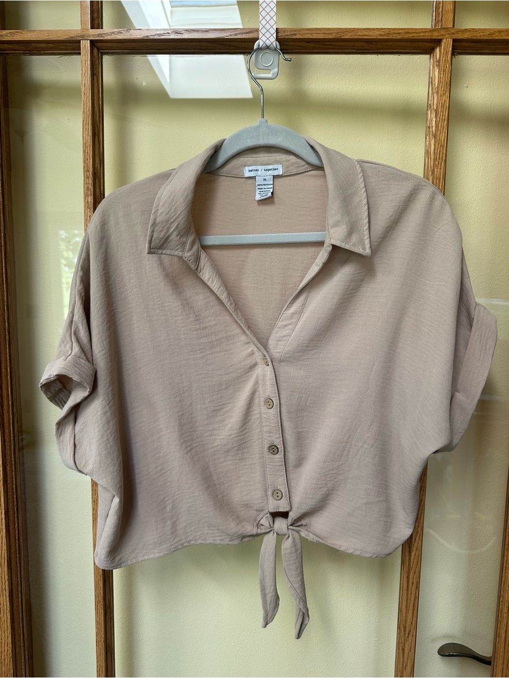 Soft Taupe Tie-Front Button Down Shirt - Women's